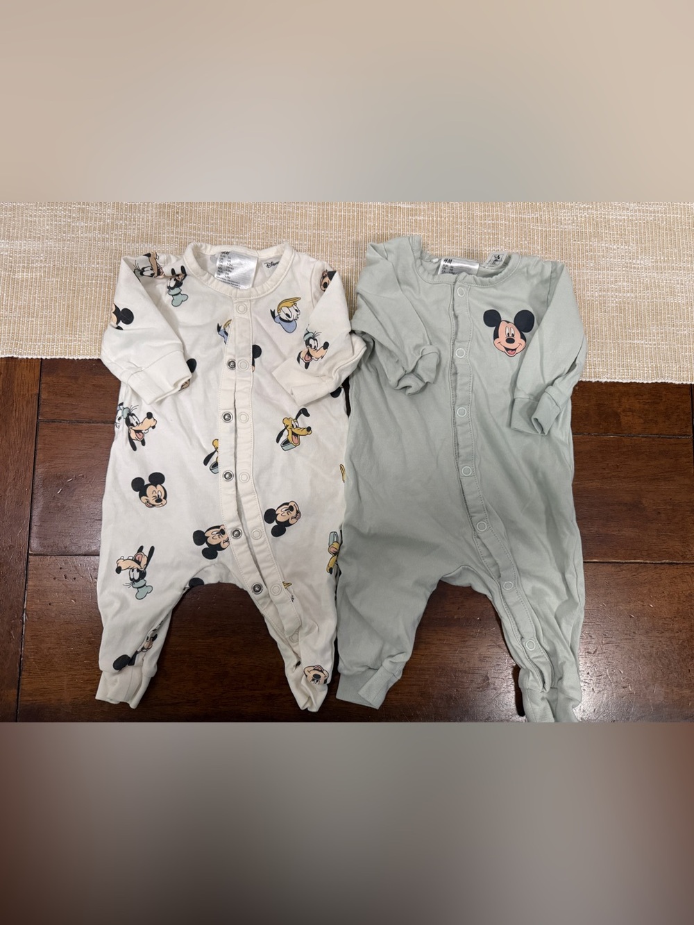 H&M Kids Mickey & Friends Onesies (set of 2) - Cream Pattern & Sage Solid